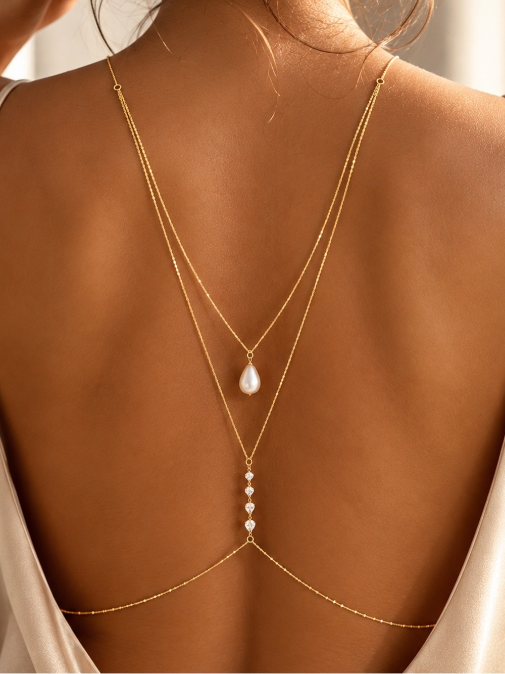 Gold Tone Layered Back Necklace Pearl Drop Body Chain Backless Dress Jewelry